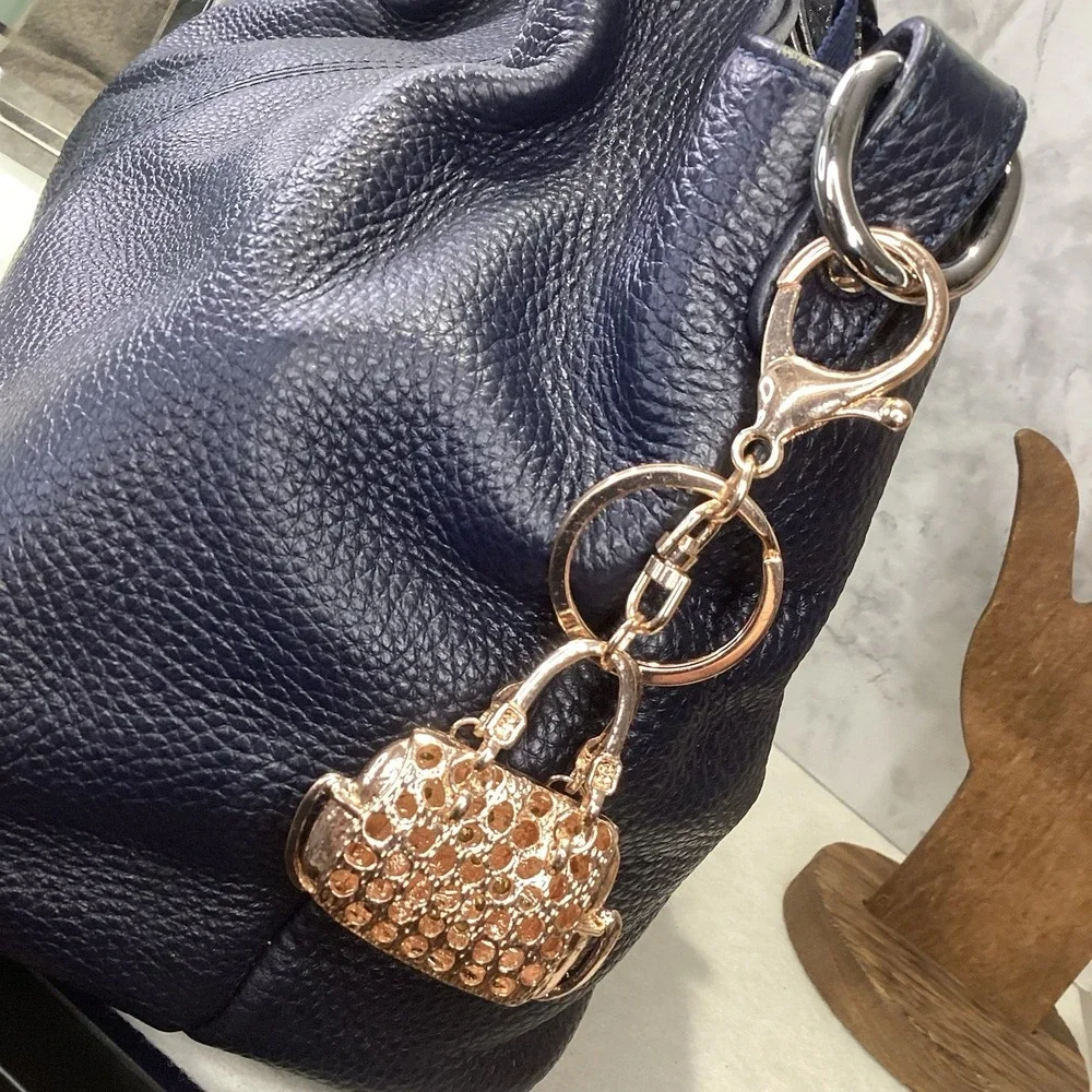 2-Way Black Floral Rhinestone Handbag Charm‎ - Key Chain Rose Gold Tone EUC